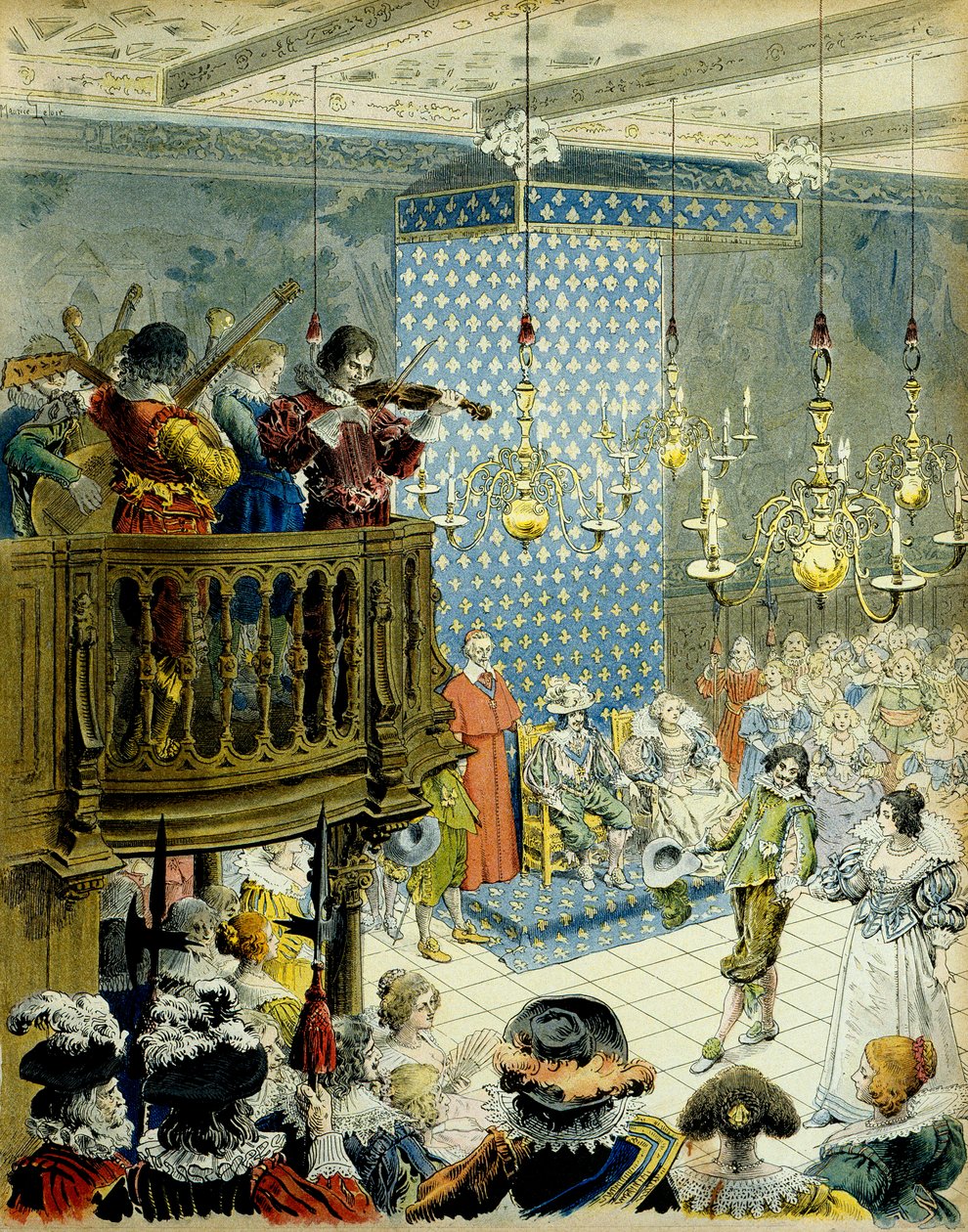 Frankrikes historia: En bal vid kung Ludvig XIII:s (1601-1643) hov med drottning Marie de Medicis (1575-1642) och kardinal Richelieu (Armand Jean du Plessis av Maurice Leloir
