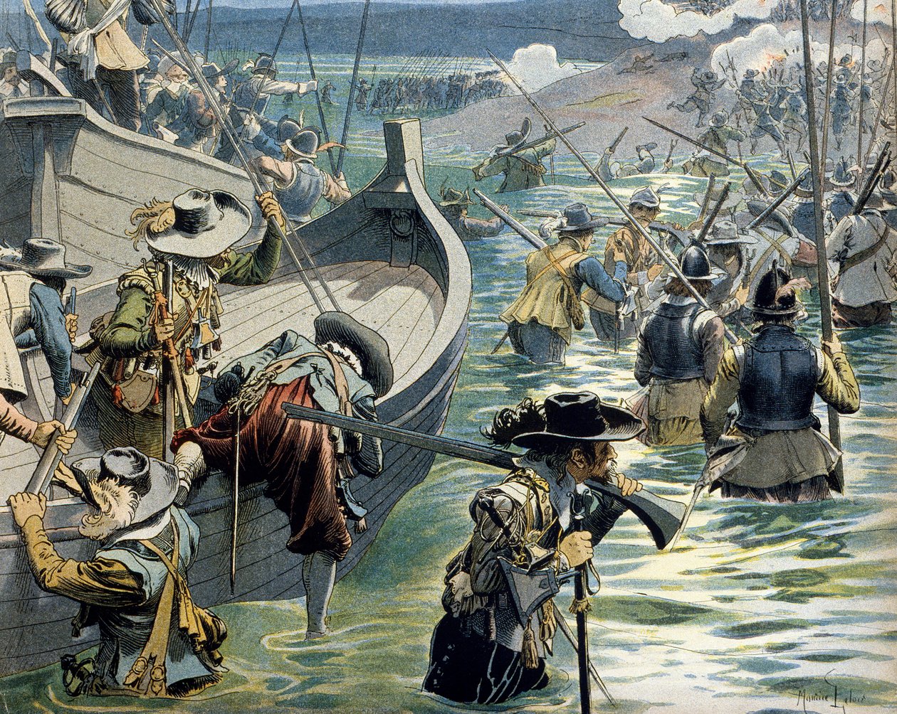 Frankrikes historia: Hjälp skickat till försvararna av ön Re av kardinal Richelieu (Armand Jean du Plessis av Maurice Leloir