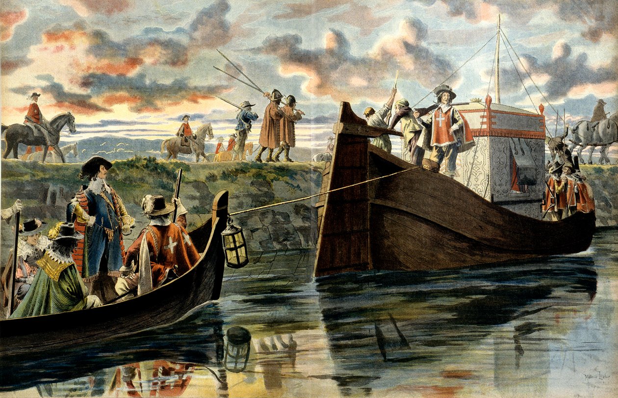 Frankrikes historia: Armand Jean Du Plessis, kardinal av Richelieu (1585-1642) går uppför Rhone släpande bakom sin båt eller Henri Coiffier av Ruze d