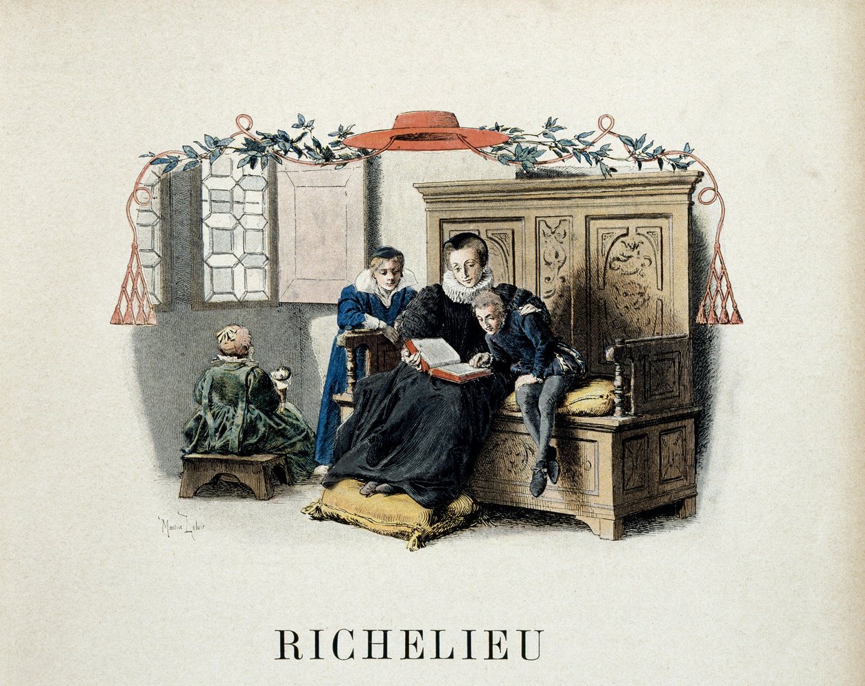 Frankrikes historia: Armand Jean du Plessis mor, som blev kardinal Richelieu (1585-1642) och sedan Ludvig XIII:s minister, vägleder hans första läsningar. Illustration av Maurice Leloir (1853-1940) i "" Richelieu"" av Theodore Cahu av Maurice Leloir