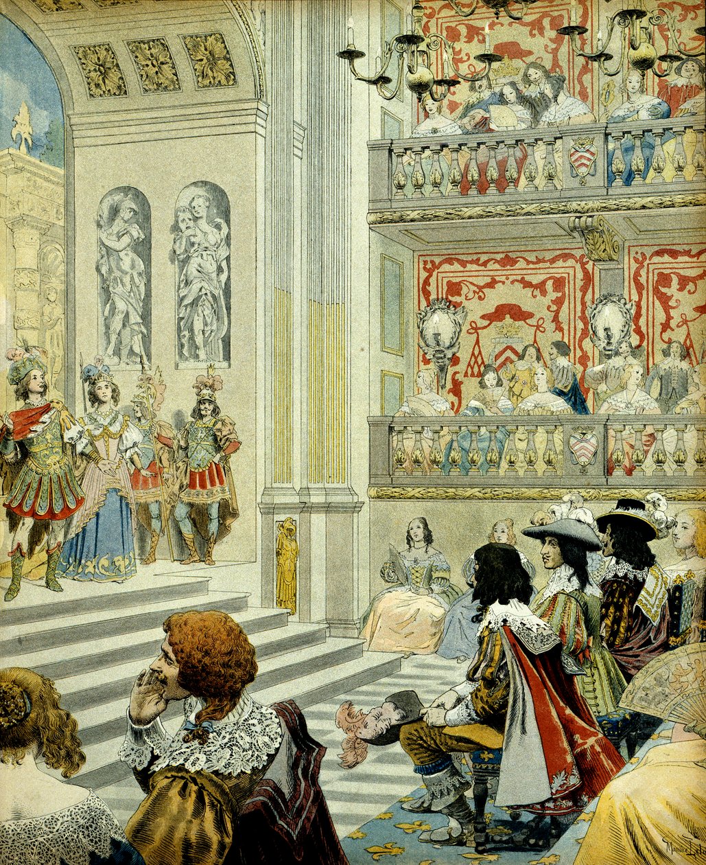 Frankrikes historia: Representation på teatern i kardinalpalatset (nu det kungliga palatset) av verket "Mirame", en heroisk komedi skriven 1641 av kardinal Richelieu (Armand Jean du Plessis av Maurice Leloir