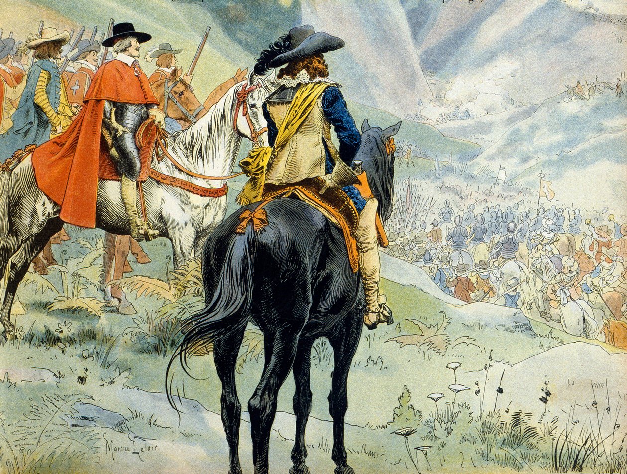 Frankrikes historia: Successionskriget i Mantua (1628-1631) under trettioåriga kriget. Slaget vid Pas de Suze (Susa) som representerar kung Ludvig XIII (1601-1643) och kardinal Richelieu (Armand Jean du Plessis av Maurice Leloir