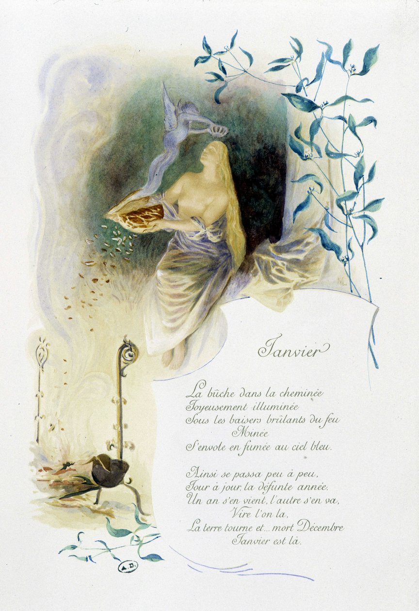 Januari "" Månadens sång"" av Jérôme Doucet, illustration - Maurice Leloir, red. Reims 1904. L. Michaud av Maurice Leloir