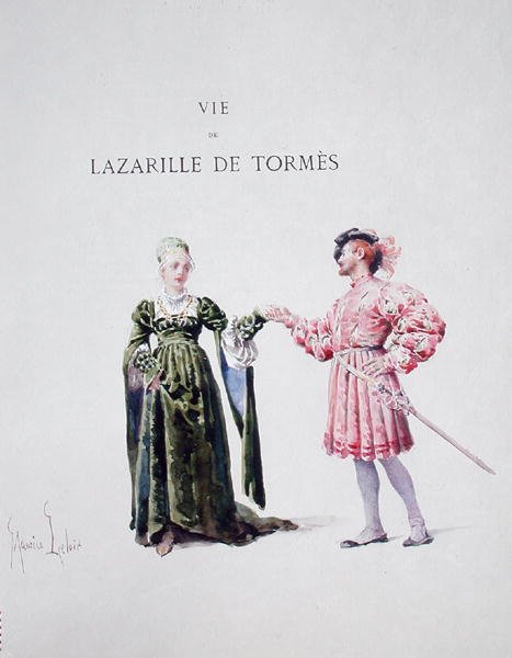 Lazarillo de Tormes med en kvinna, från "La Vida de Lazarillo de Tormes" av Maurice Leloir