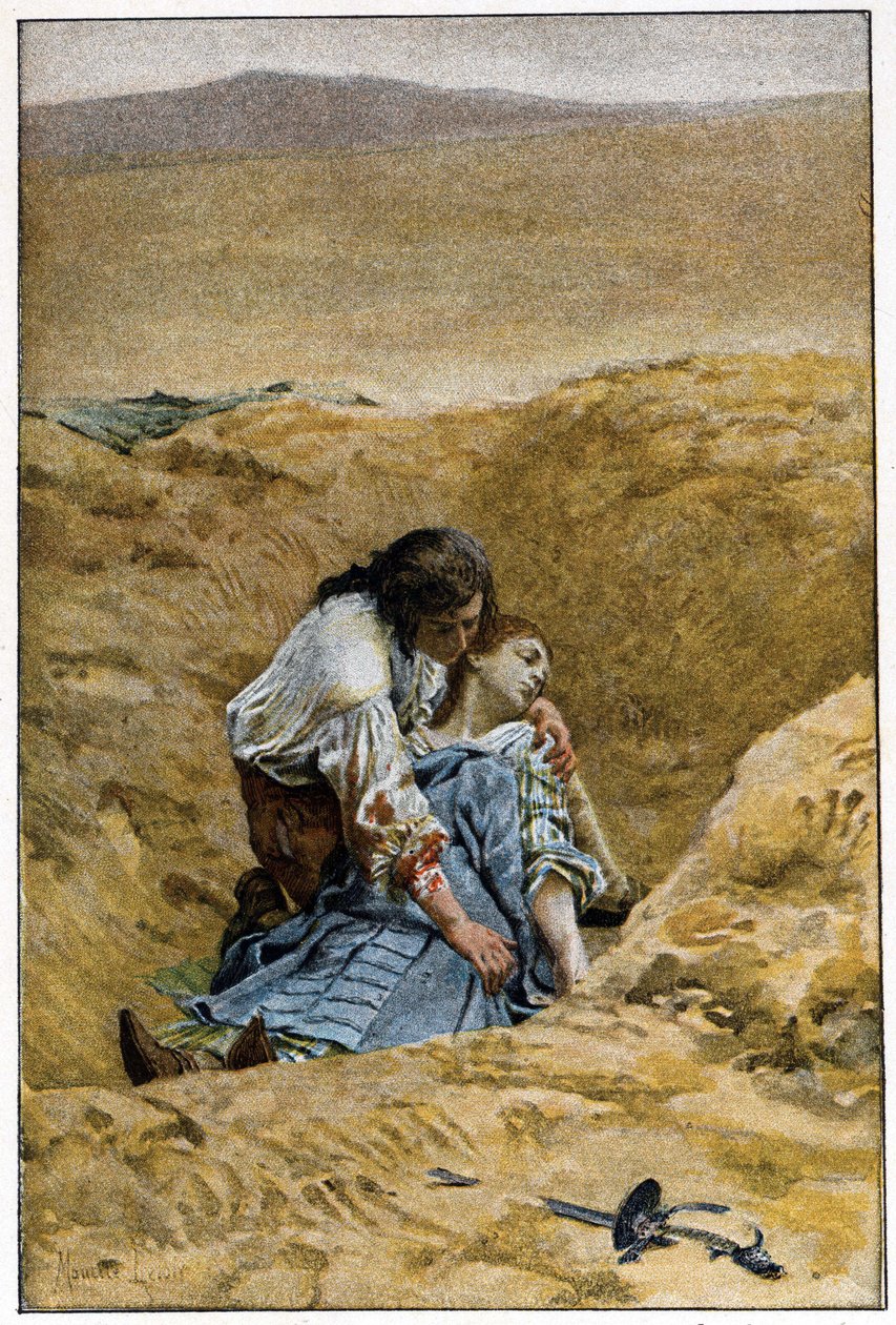 Begravningen- i "Historien om Manon Lescaut och Chevalier Des Grieux" av Abbe Prevost (1697-1763), fransk författare. Gravyr efter teckningar av Maurice Leloir (1885). av Maurice Leloir