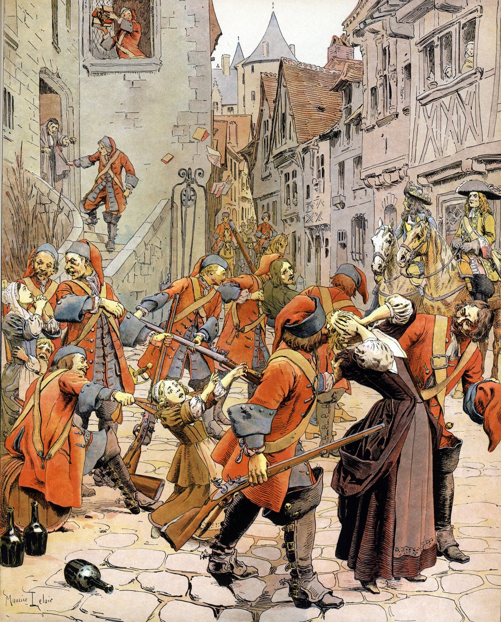 Les Dragonnades (1681-1685): skingra en protestantisk familj av draktrupperna som anklagas för att omvända protestanter. Kromotypografi i "" Le Roy Soleil"" (Louis XIV) av Gustave Toutwelve, Illustration av Maurice Leloir (1853-1940) av Maurice Leloir
