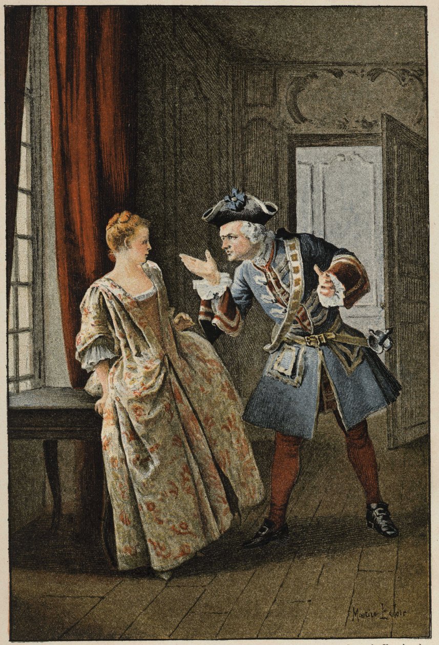 Manon och hennes bror - i "History of Manon Lescaut and the Chevalier Des Grieux" av Abbe Prevost (1697-1763), fransk författare. Gravyr efter teckningar av Maurice Leloir (1885). av Maurice Leloir