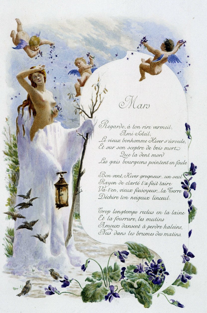 Mars ""Månadens sång"" av Jérôme Doucet, illustration - Maurice Leloir, red. Reims 1904. L. Michaud av Maurice Leloir