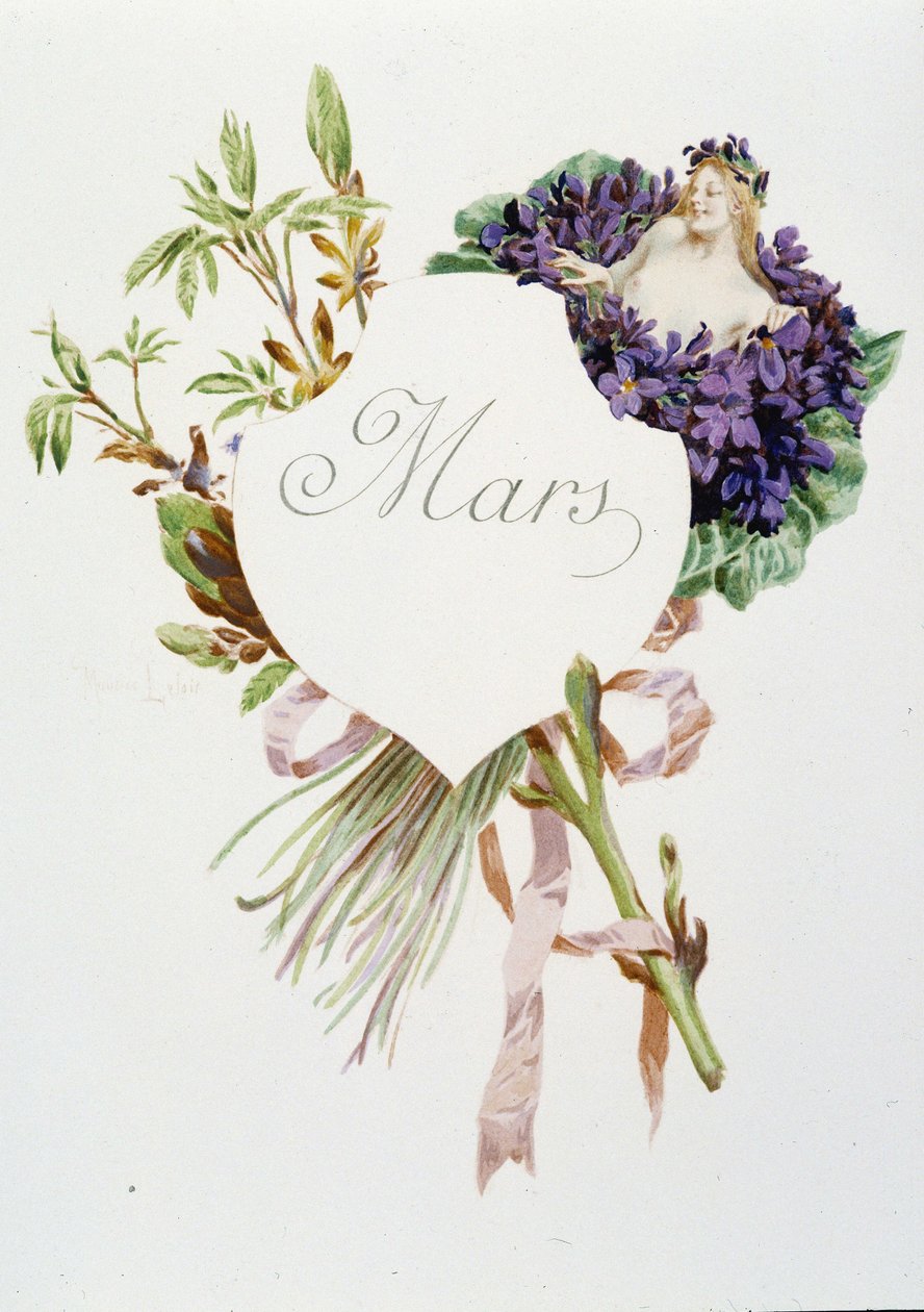 Mars ""Månadens sång"" av Jérôme Doucet, illustration - Maurice Leloir, red. Reims 1904. L. Michaud av Maurice Leloir