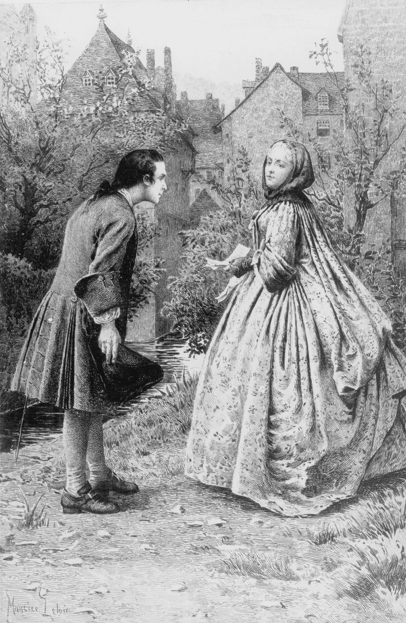 Möte av unge Jean-Jacques Rousseau och framtida nära vän Madame de Warens, 21 mars 1728 (gravyr) av Maurice Leloir
