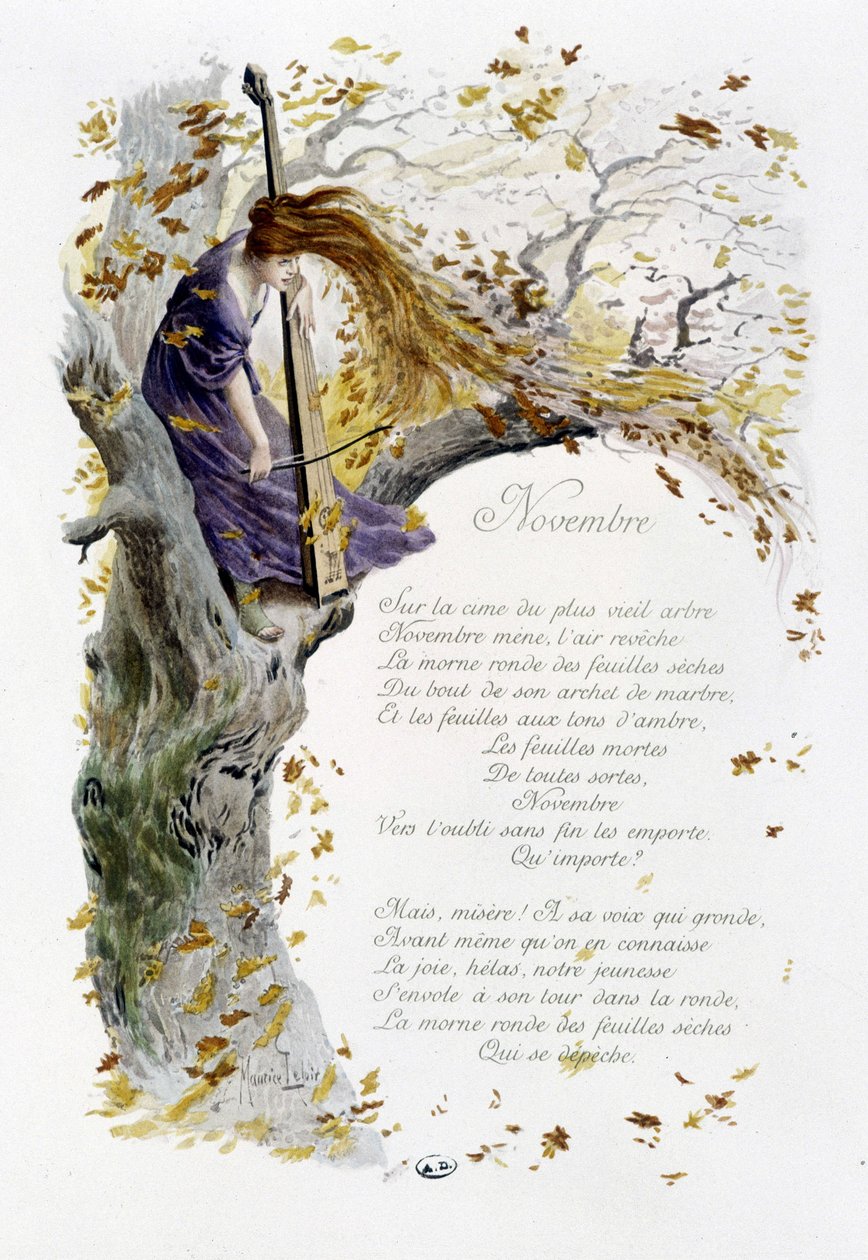 November ""Månadens sång"" av Jérôme Doucet, illustration - Maurice Leloir, red. Reims 1904. L. Michaud av Maurice Leloir