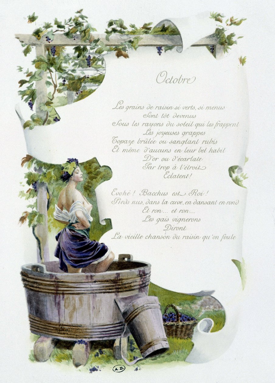 Oktober ""Månadens sång"" av Jérôme Doucet, illustration - Maurice Leloir, red. Reims 1904. L. Michaud av Maurice Leloir