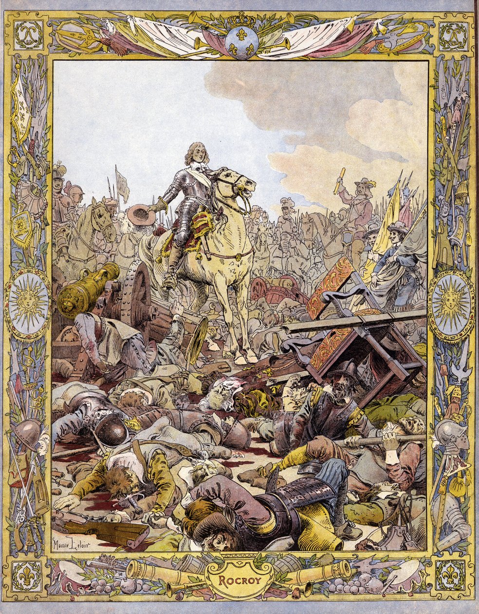 Prins Ludvig II av Bourbon Conde (Bourbon-Conde), känd som Grand Conde (1621-1686), hertig av Enghien hälsar greven av Fontaines lik i slaget vid Rocroi (Rocroy) mot spanjorerna, 19 maj av Maurice Leloir
