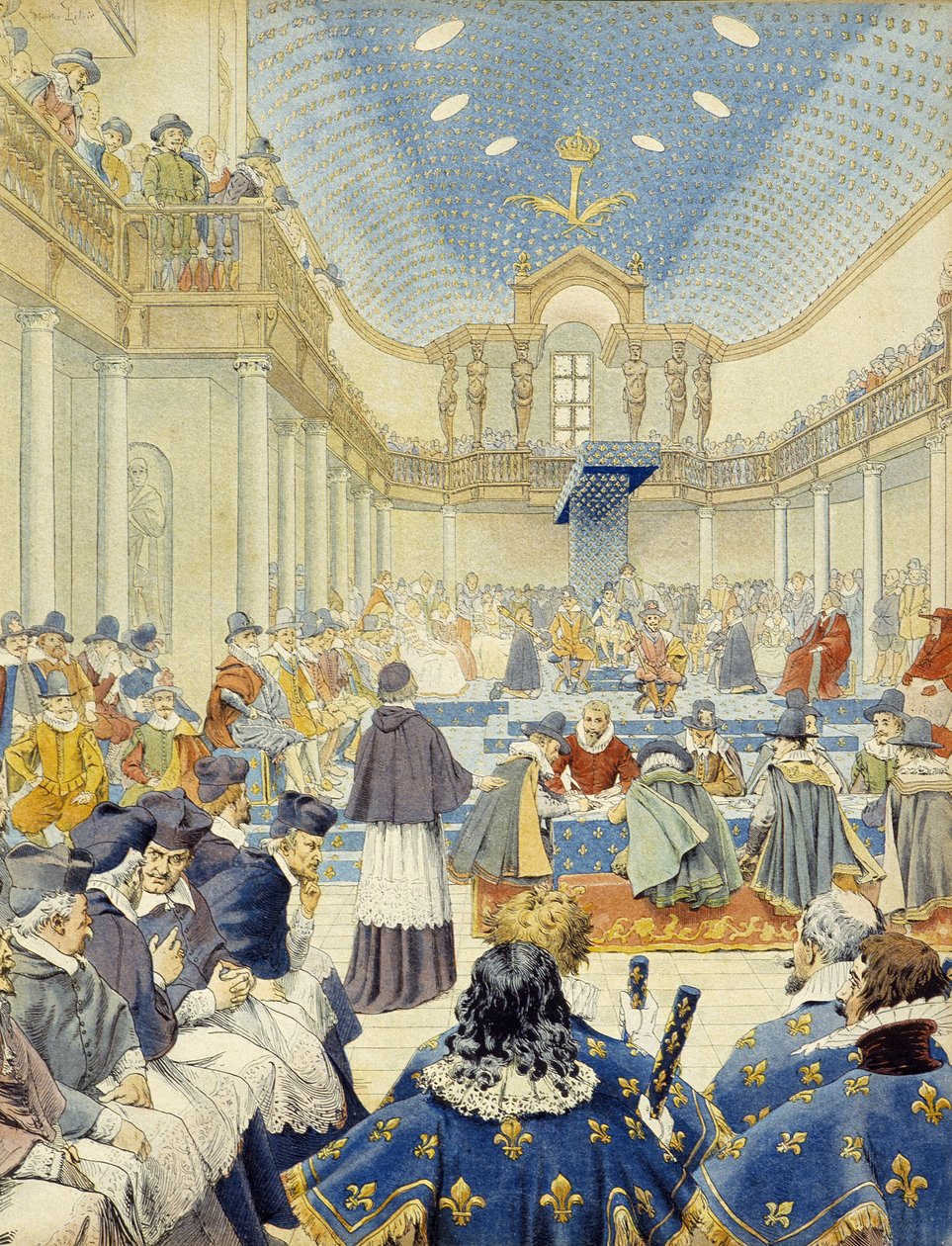 Richelieu höll talet, i kontoristens namn, vid generalstaternas avslutande möte 1614 - i "Richelieu" av Maurice Leloir. av Maurice Leloir