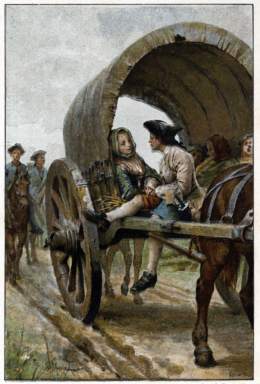 På vägen till Le Havre - i "Historien om Manon Lescaut och Chevalier Des Grieux" av Abbe Prevost (1697-1763), fransk författare. Gravyr efter teckningar av Maurice Leloir (1885). av Maurice Leloir
