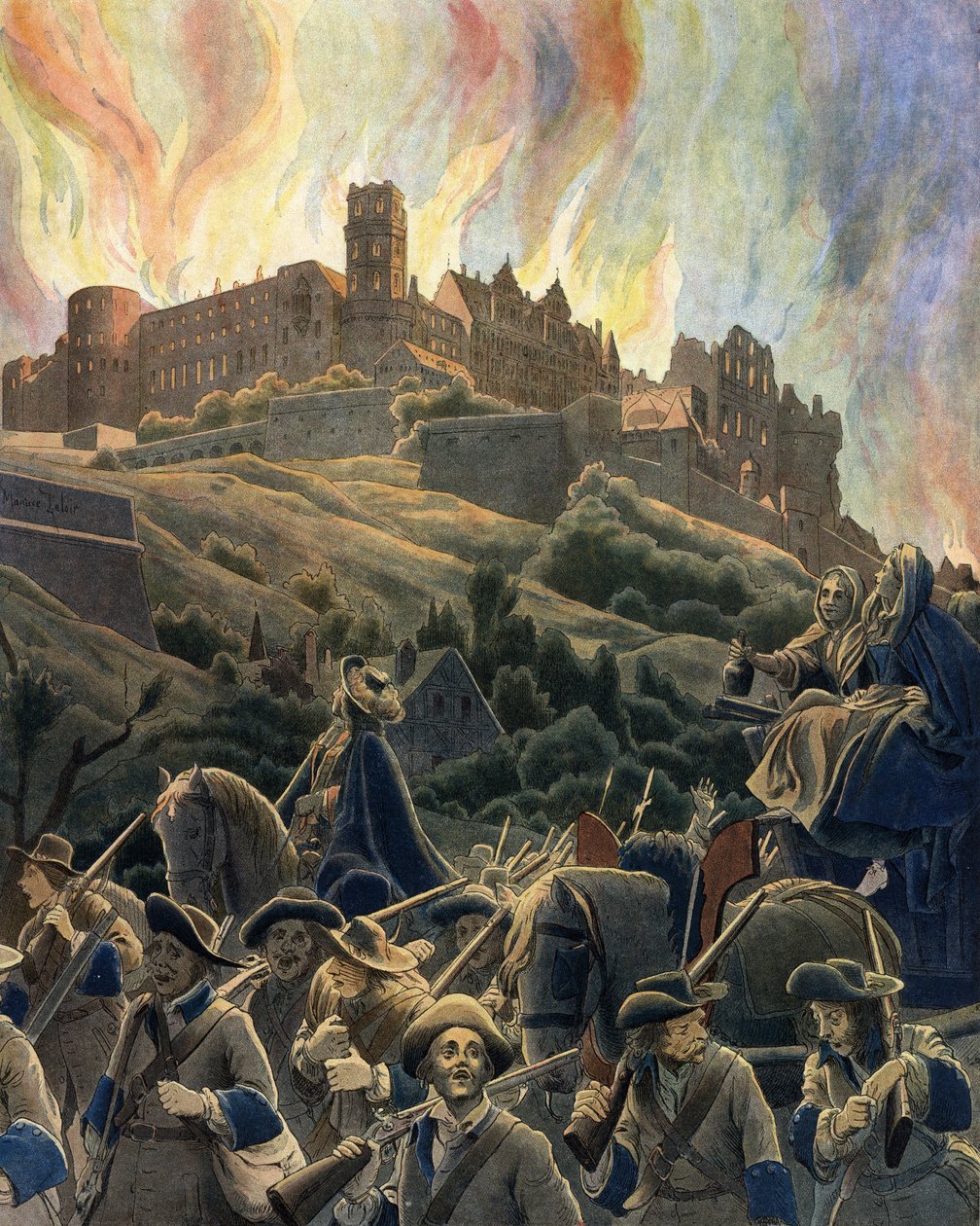 Branden i Heidelbergs slott bombade av de franska styrkorna av general Ezechiel du Mas, greve av Melac (1630-1704) under kriget i Augsburgs förbund 1689 och 1693. Kromotypografi i "" Le Roy Soleil"" (Louis XIV) av Gustave Toutwelve, Illu av Maurice Leloir