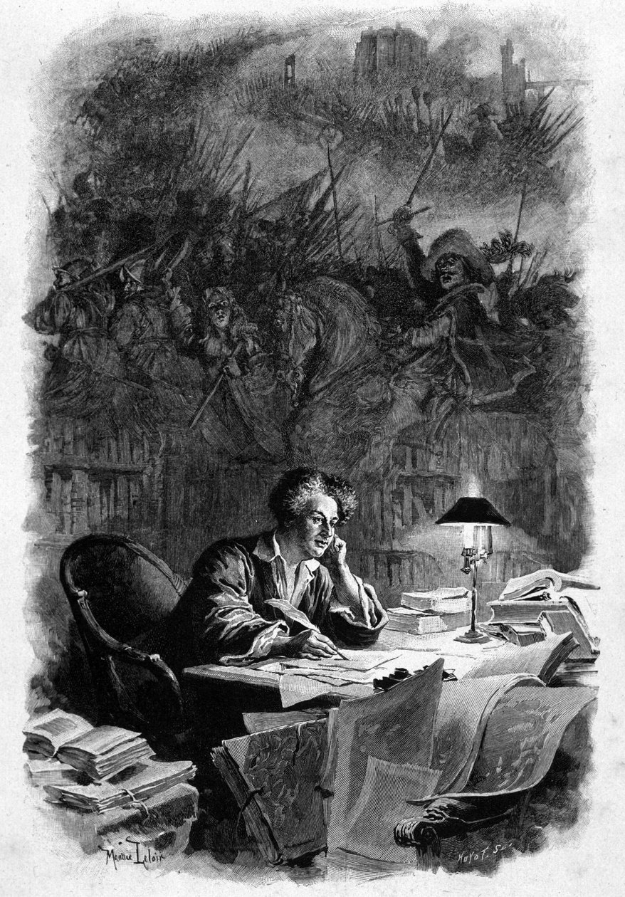Den franske författaren Alexandre Dumas (1802-1870) hade sitt kontor för att skriva "De tre musketörerna" i början av 1840-talet. Illustration av Maurice Leloir (1851-1940). Rättigheter reserverade av Maurice Leloir
