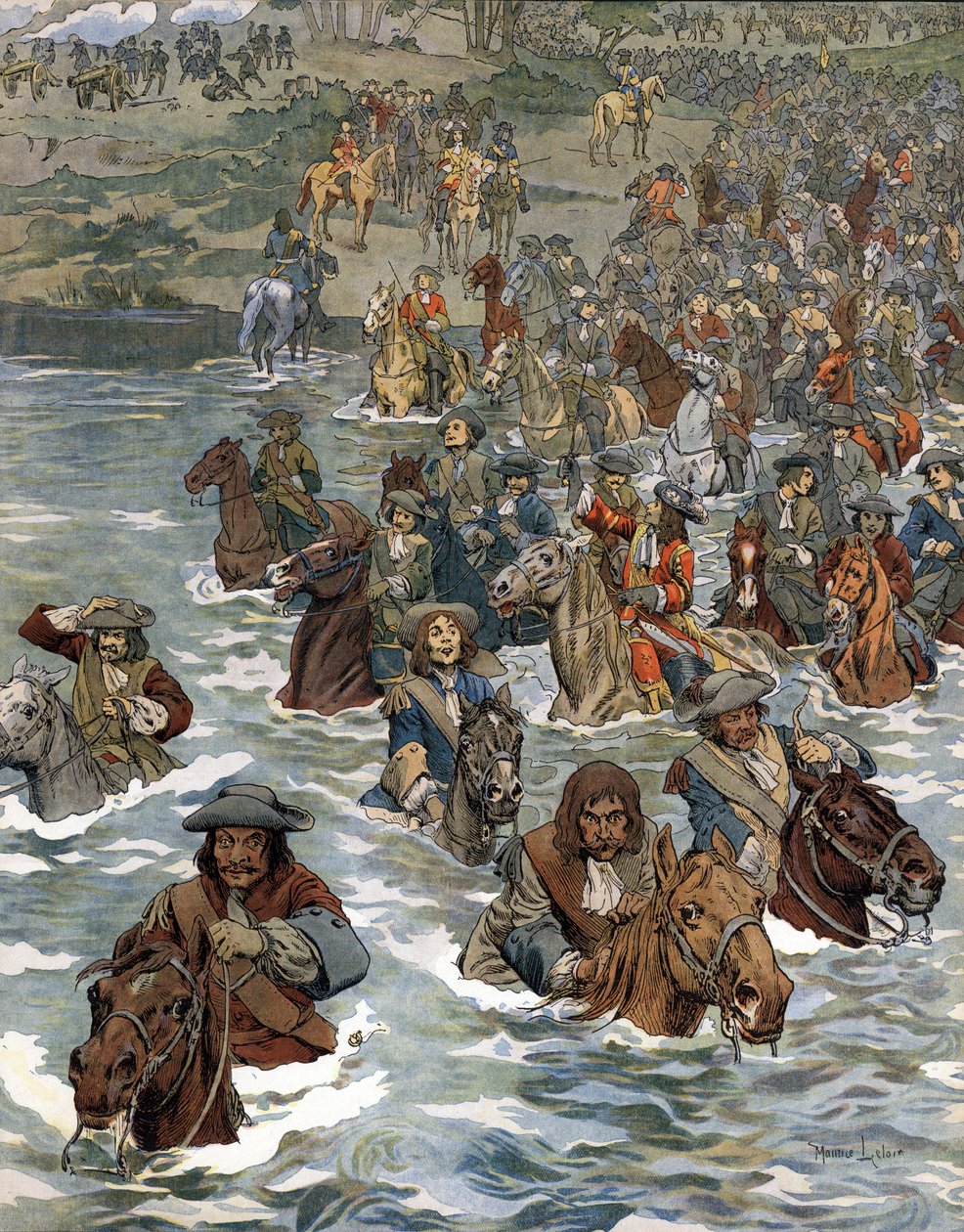 Rhenpassagen (12 juni 1672) av Ludvig XIV:s trupper känd som Solkungen (Kung Sun eller Ludvig den Store av Maurice Leloir