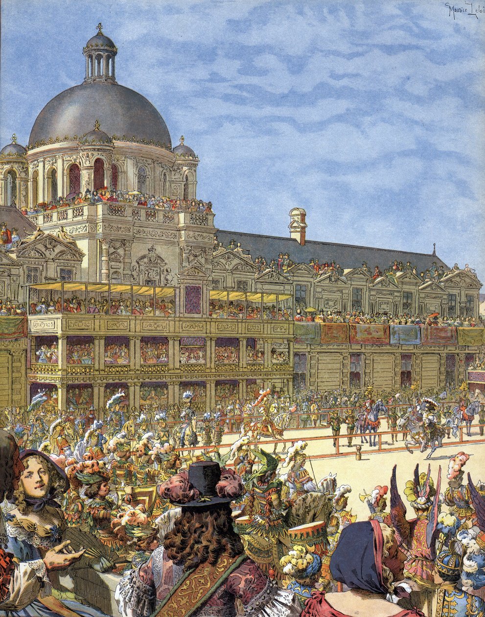 Den kungliga karusellen (riddarturneringen), som gavs 1662, framför Palais des Tuileries i Paris under Ludvig XIV känd som Le Roi-Soleil (kung Soleil eller Ludvig den Store av Maurice Leloir
