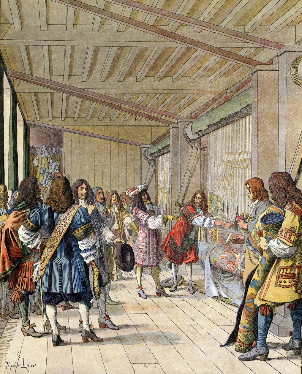 Målaren Charles Lebrun (Le Brun) (1619-1690), chef för tillverkningen, förklarade för Ludvig XIV, känd som Le Roi-Soleil (Kung Soleil eller Ludvig den Store av Maurice Leloir