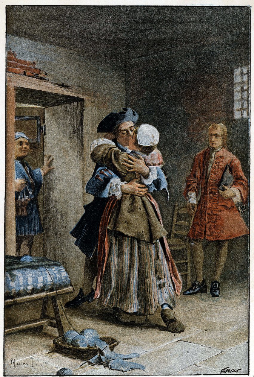 Besök på sjukhuset - i "Historien om Manon Lescaut och Chevalier Des Grieux"" av Abbe Prevost (1697-1763), fransk författare. Gravyr efter teckningar av Maurice Leloir (1885). av Maurice Leloir