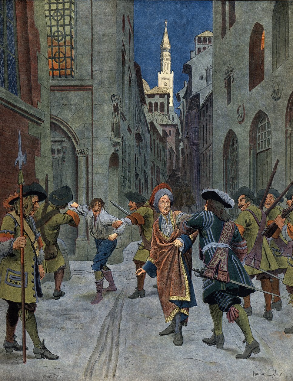 Spanska tronföljdskriget: Fångandet av Francois av Neufville de Villeroy (1644-1730) under tillfångatagandet av Cremone (Cremona) av prins Eugenes (Eugene Francois de Savoies (1663-1736) trupper), 1702. Kromotypografi i "" Le Roy Soleil"" ( av Maurice Leloir