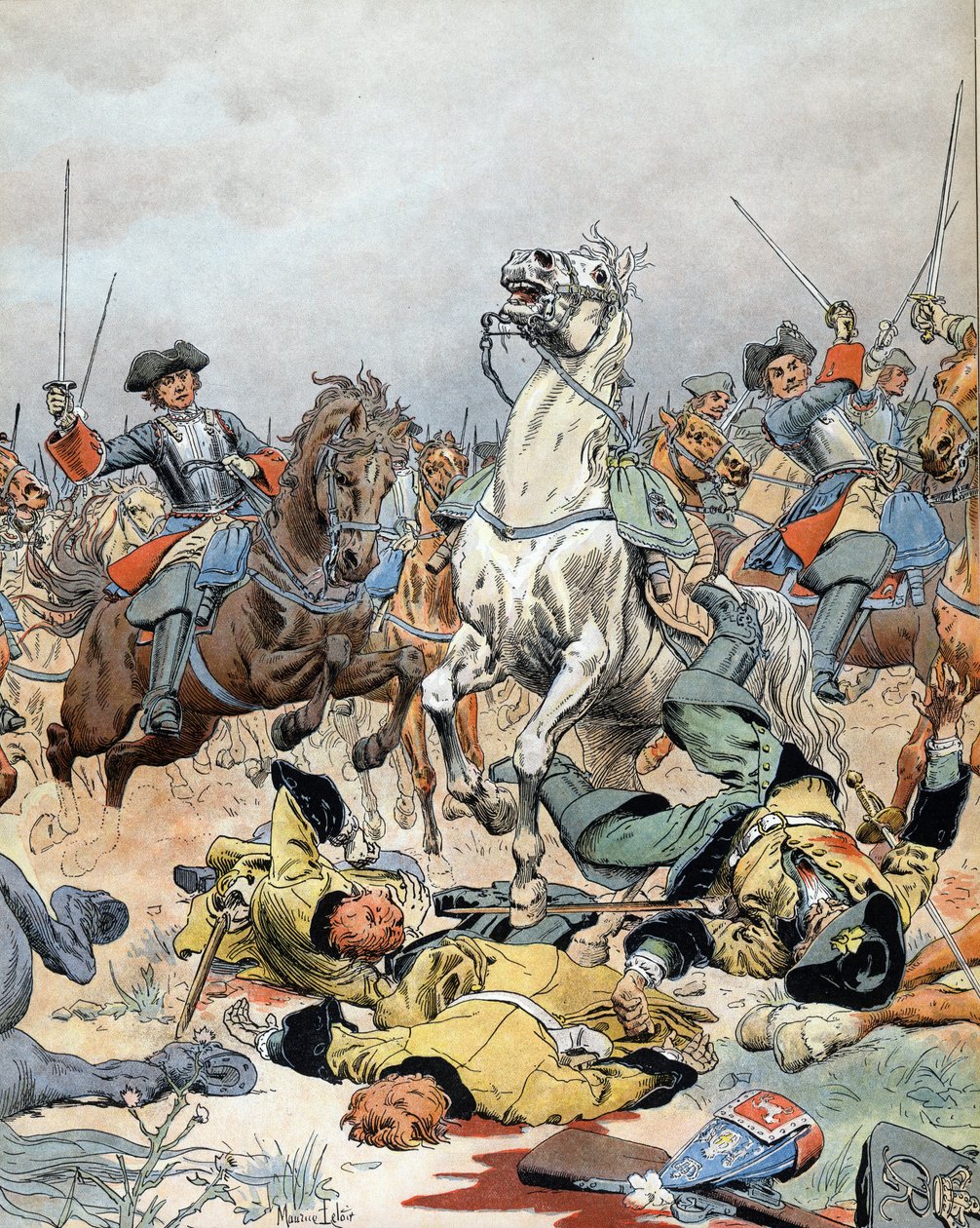 Spanska tronföljdskriget: det franska kavalleriets sista anfall i slaget vid Malplaquet (Belgien) den 11 september av Maurice Leloir