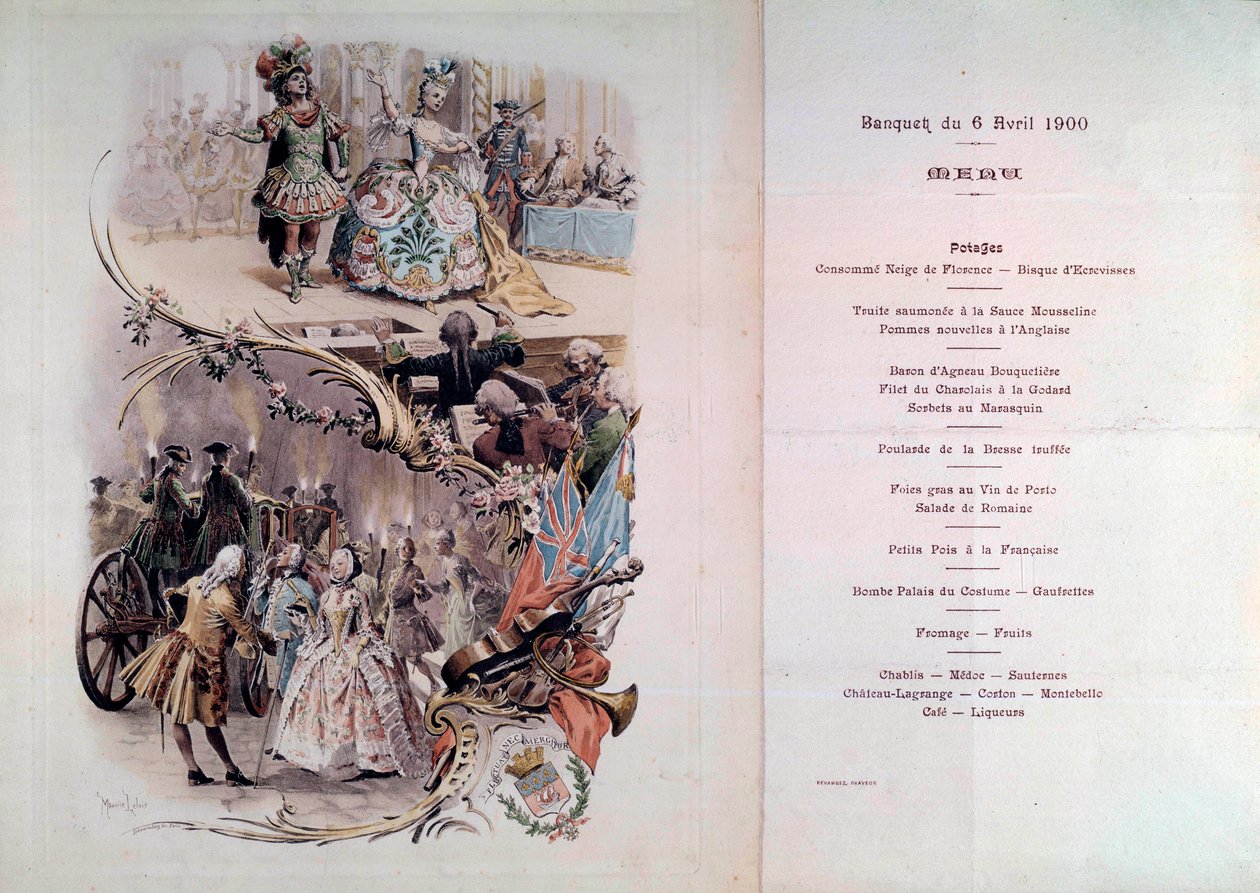 Bröllopsmeny med illustration av Maurice Leloir (1851-1940) av baler i kostymer och galantescener, 1900-04-06 av Maurice Leloir