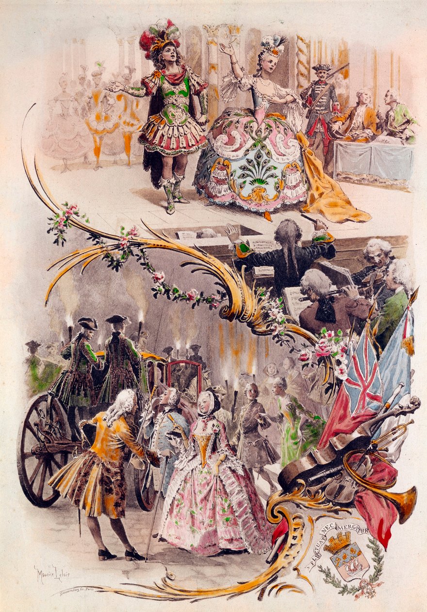 Bröllopsmeny med illustration av Maurice Leloir (1851-1940) av baler i kostymer och galantescener, 1900-04-06 av Maurice Leloir