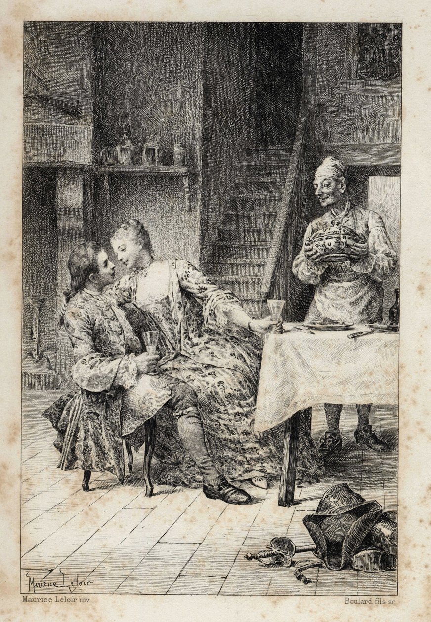 i "History of Manon Lescaut and the Chevalier Des Grieux" av Abbe Prevost (1697-1763), fransk författare. Gravyr efter teckningar av Maurice Leloir (1885). av Maurice Leloir