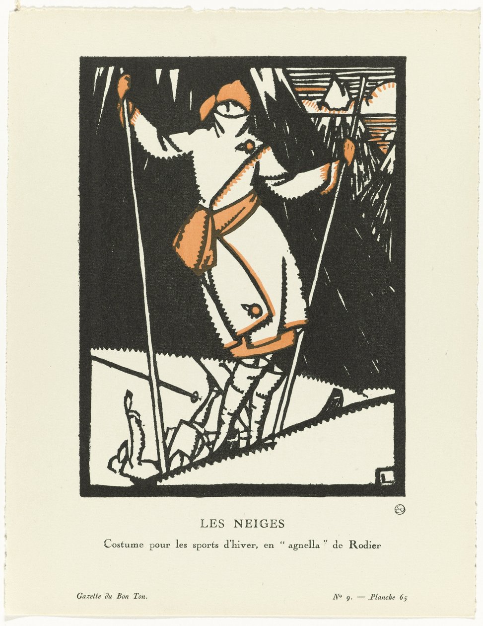 Gazette du Bon Ton, 1920 - Nr 9, Pl. 65: Les Neiges / Dräkt för vintersport, enagnella av Rodier av Maurice Leroy