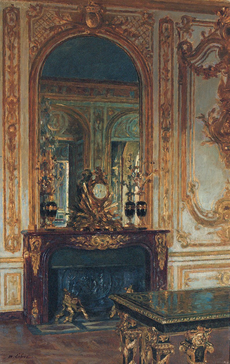 Interiörvy av Versailles (olja på duk) av Maurice Lobre