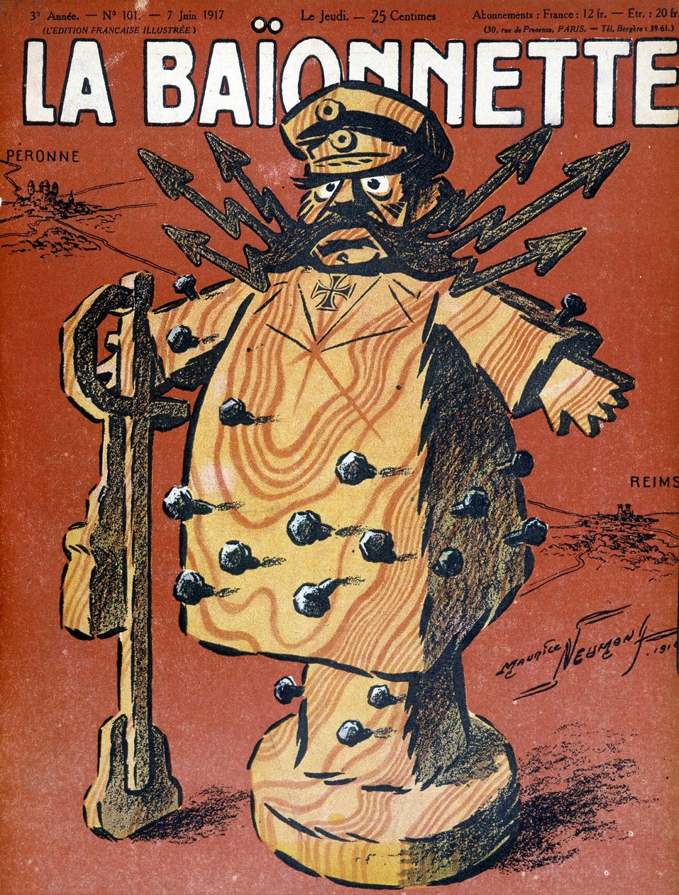 Tecknad film av Hindenburg (1847 - 1934), tysk marechal och statsman. Illustration av omslaget till tidningen "" La Baionnette"" från juni 1917. av Maurice Louis Henri Neumont