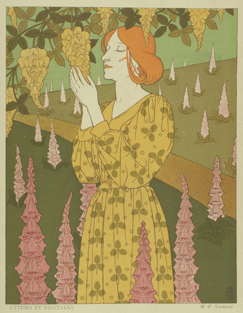 Cytises and Digitales - Kvinna med blåregn och Foxgloves (färg litho) av Maurice Pillard Verneuil