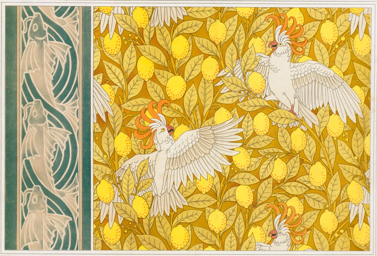 Design för tapetkakaduor med citroner och tapetkant med flygfisk, pub. 1897. av Maurice Pillard Verneuil