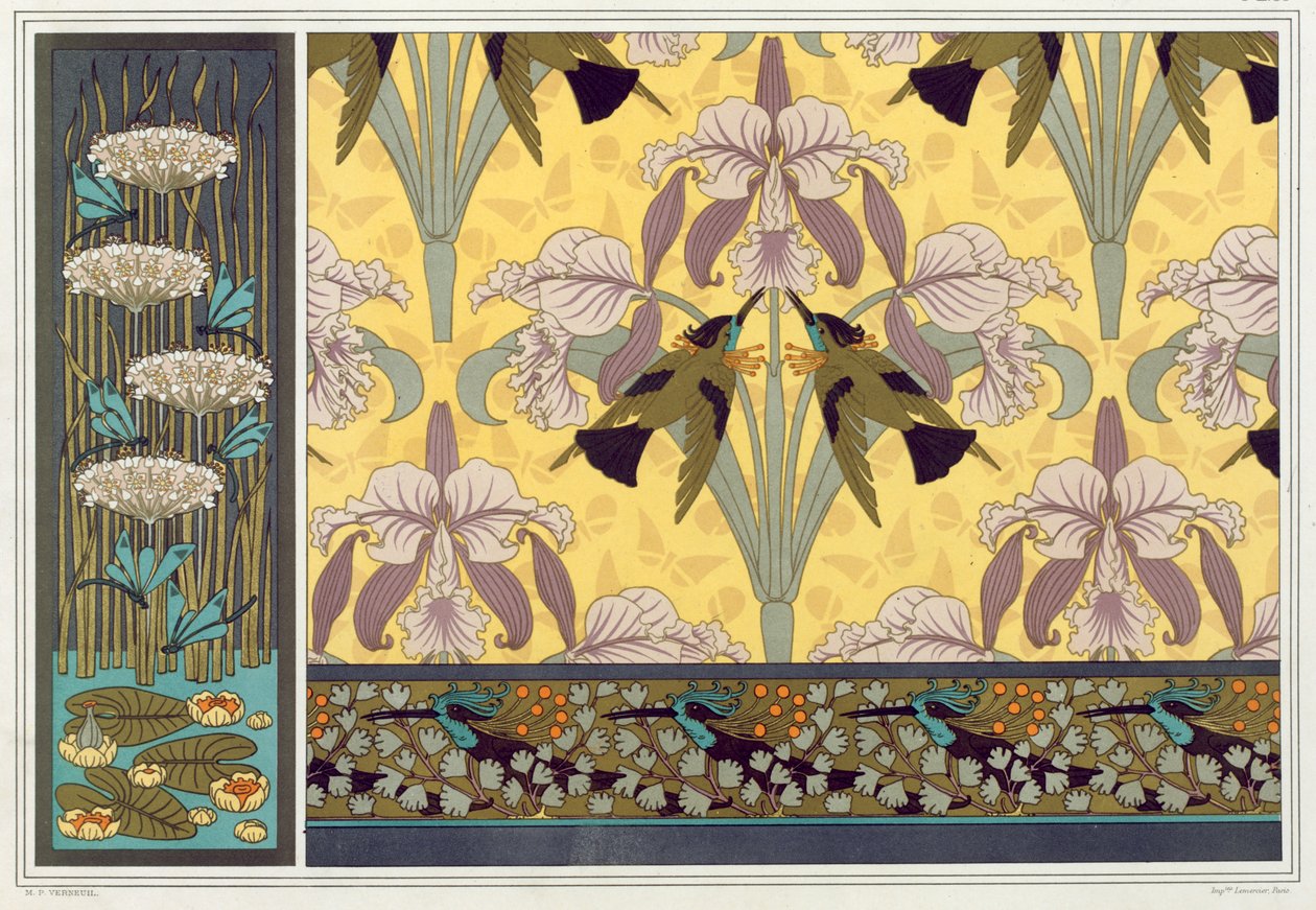 Design för tapetkanter, tyg och panel: "Trollsländor; Näckrosor och blommande rusar", Humming Birds and Orchids" och Humming Birds and Maiden Hair Fern" från "L