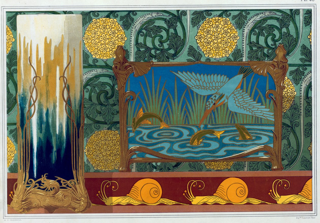Design för bronsvasstöd, tapeter och bård, och emalj och brons Jardiniere, pub. 1897. av Maurice Pillard Verneuil