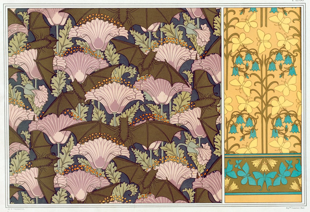 Designar för ett väggbeklädnad med fladdermöss och vallmo, pub. 1897. av Maurice Pillard Verneuil