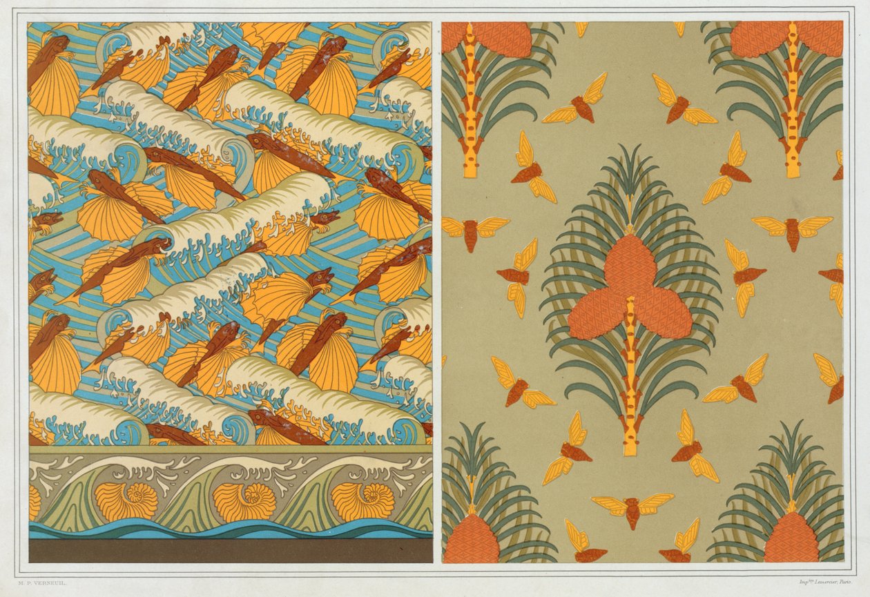 Motiv för tapeter Flying Fish and Waves, pub. 1897. av Maurice Pillard Verneuil