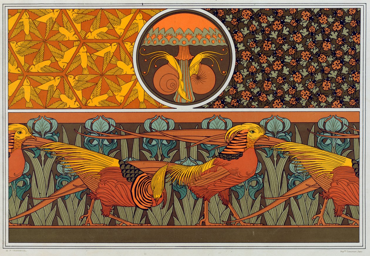 Motiv för tapetbård och tyg: Fåglar, nyckelpigor och Maiden Hair Fern, pub. 1897. av Maurice Pillard Verneuil