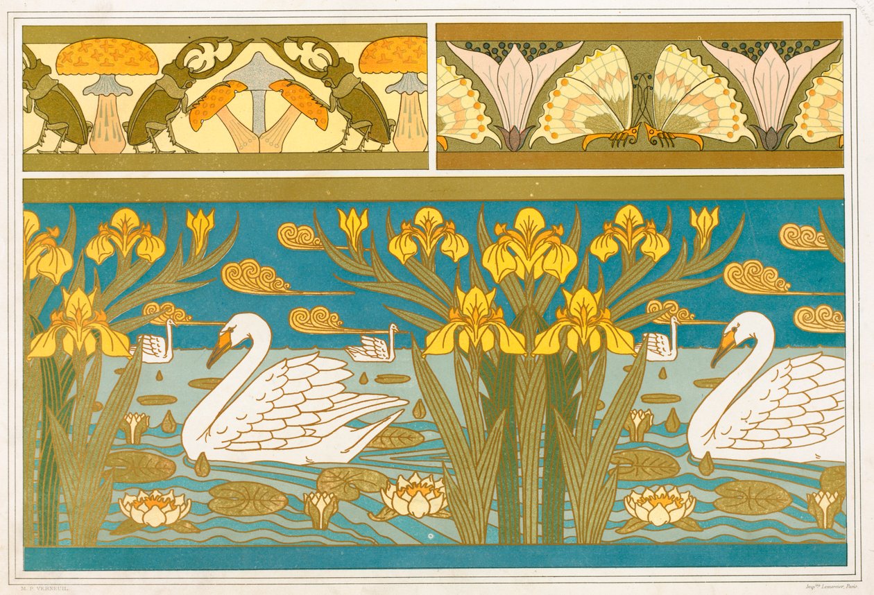 Mönster för tapetbård med Stag Beetles and Mushrooms, pub. 1897. av Maurice Pillard Verneuil