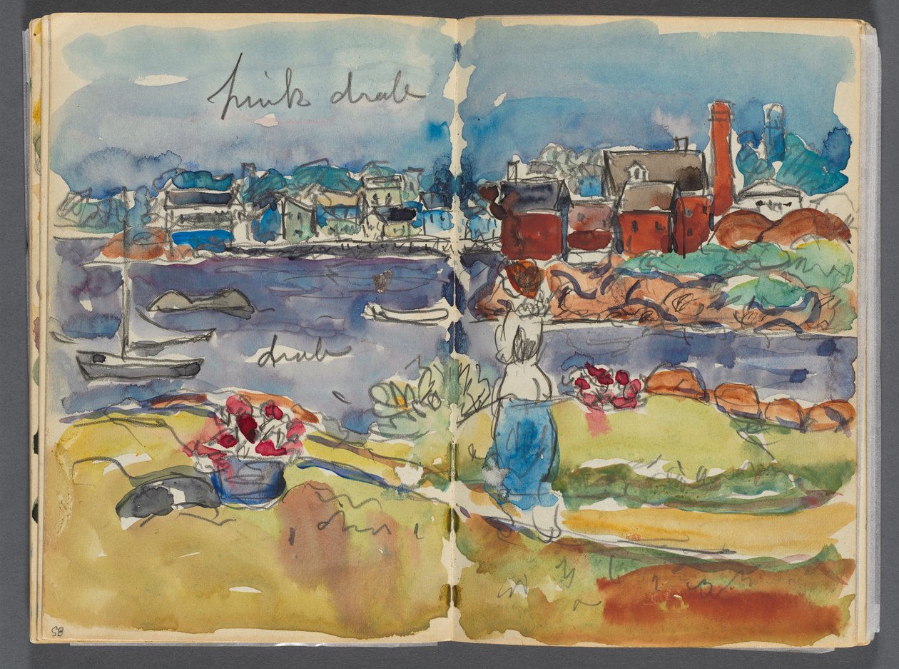 Skissbok - The Granite Shore Hotel, Rockport, sidan 084  85: Hamnutsikt med färgnoteringar av Maurice Prendergast