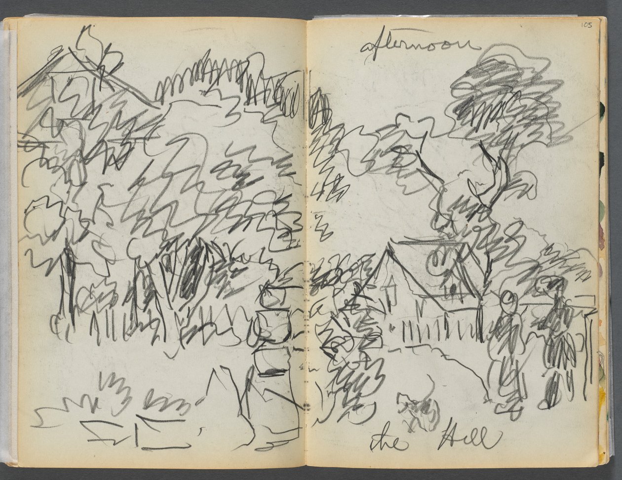 Skissbok - The Granite Shore Hotel, Rockport, sidan 104-105: "Eftermiddag på kullen" av Maurice Prendergast
