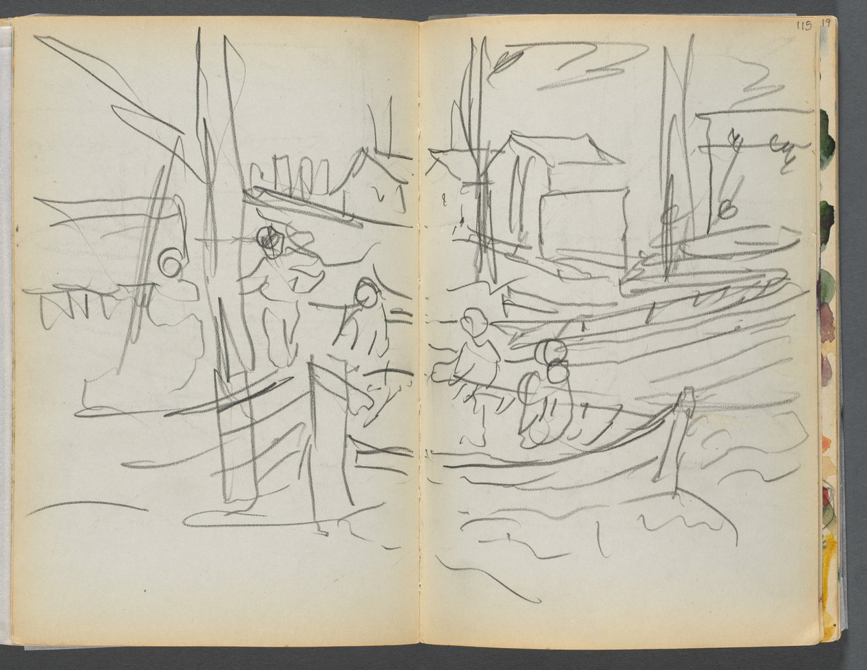 Skissbok - The Granite Shore Hotel, Rockport, sidan 114 115: Figurer på en segelbåt av Maurice Prendergast
