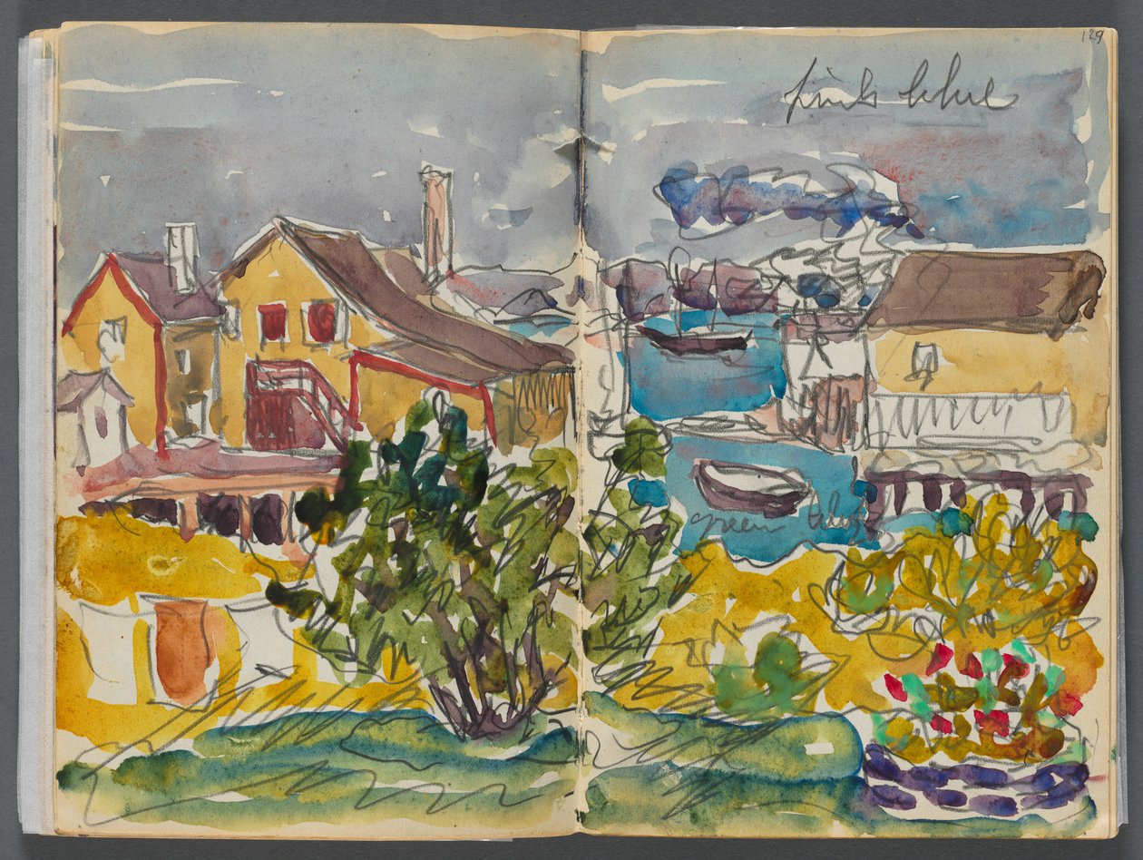 Skissbok - The Granite Shore Hotel, Rockport, sidorna 128  129: Hus vid hamnen av Maurice Prendergast