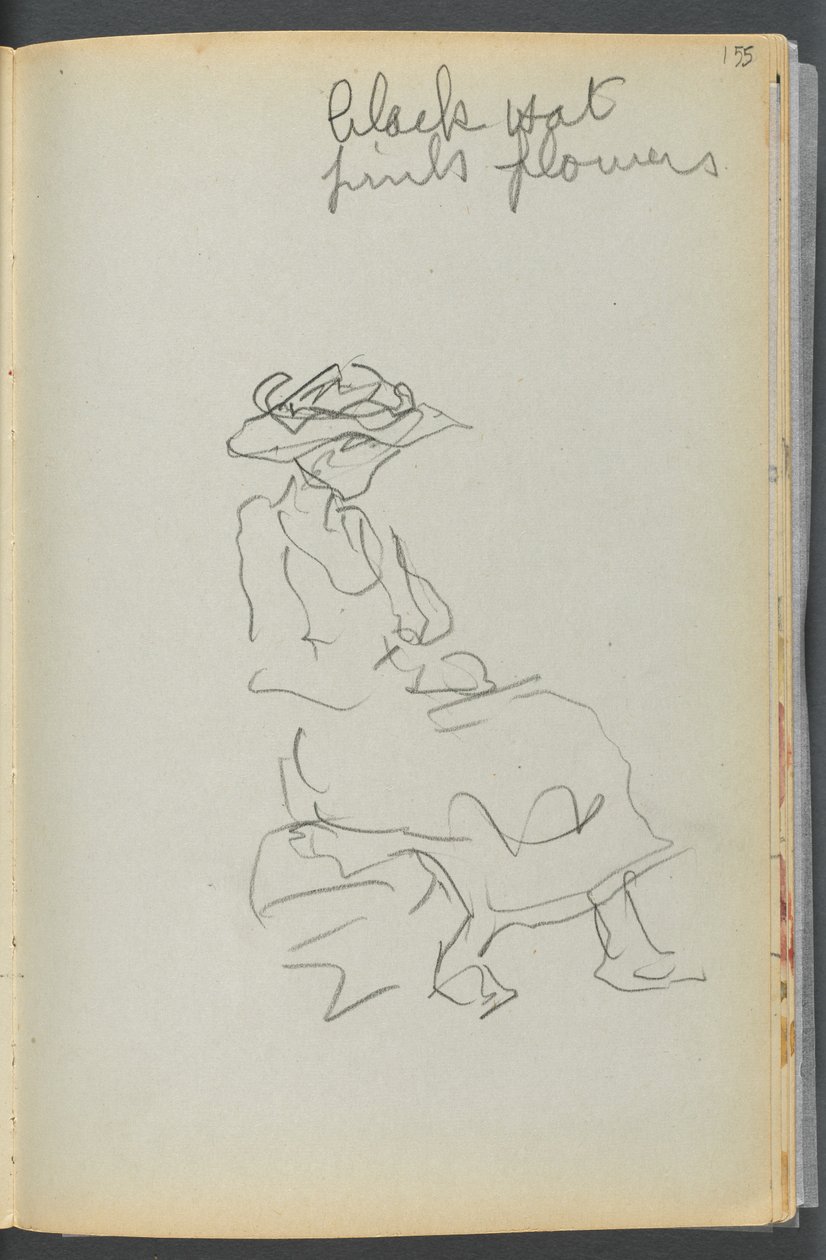 Skissbok - The Granite Shore Hotel, Rockport, sidan 155: Sittande kvinna med anteckningar av Maurice Prendergast