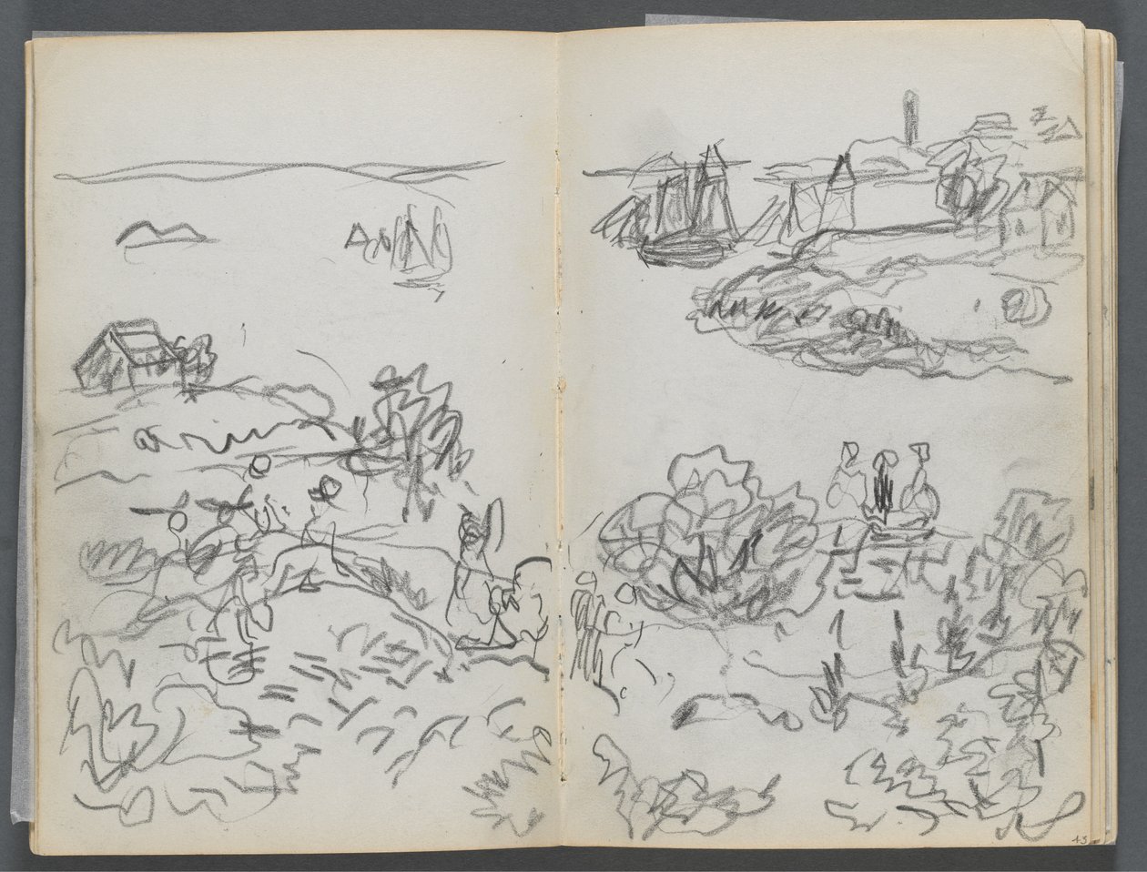 Skissbok, The Dells, nr 127, sidan 042  43: Vik med båtar och figurer av Maurice Prendergast