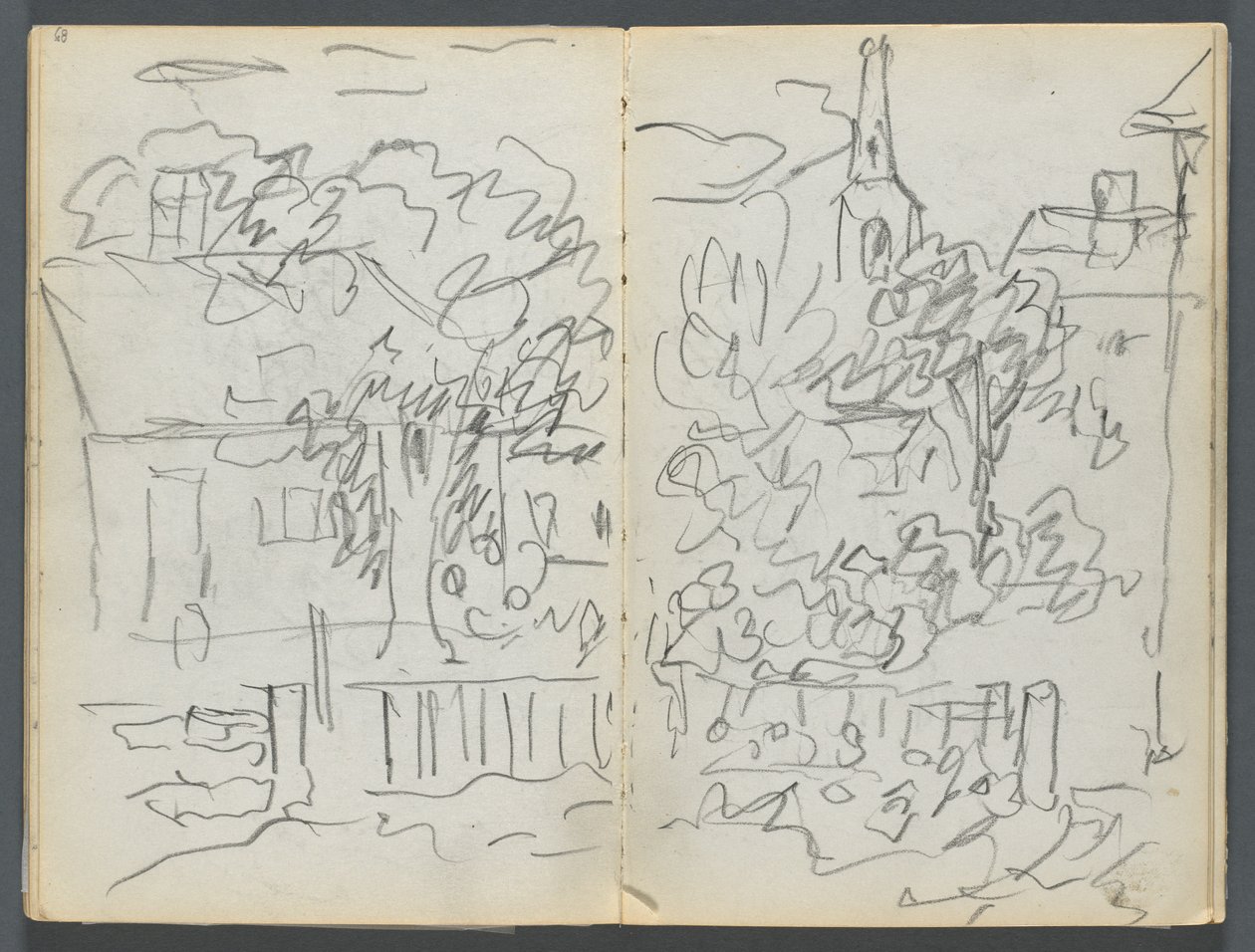 Skissbok, The Dells, nr 127, sidan 084  85: Landskap med hus och spira av Maurice Prendergast