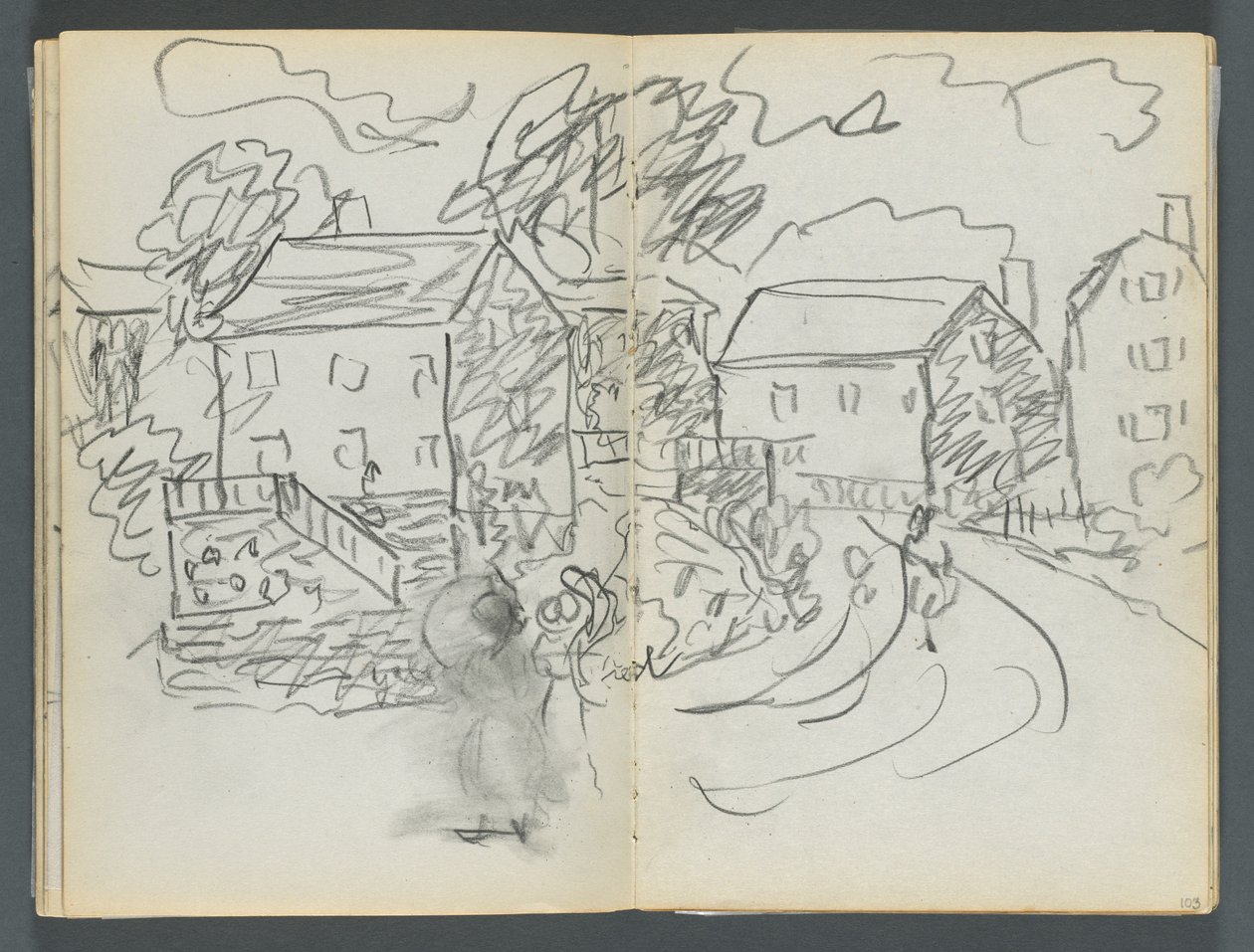Skissbok, The Dells, nr 127, sidan 102  103: Landskap med hus och väg av Maurice Prendergast