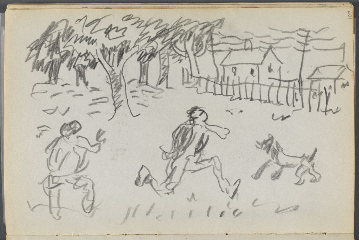 Skissbok, The Dells, nr 127, sidan 107: Landskap med figurer och hund av Maurice Prendergast